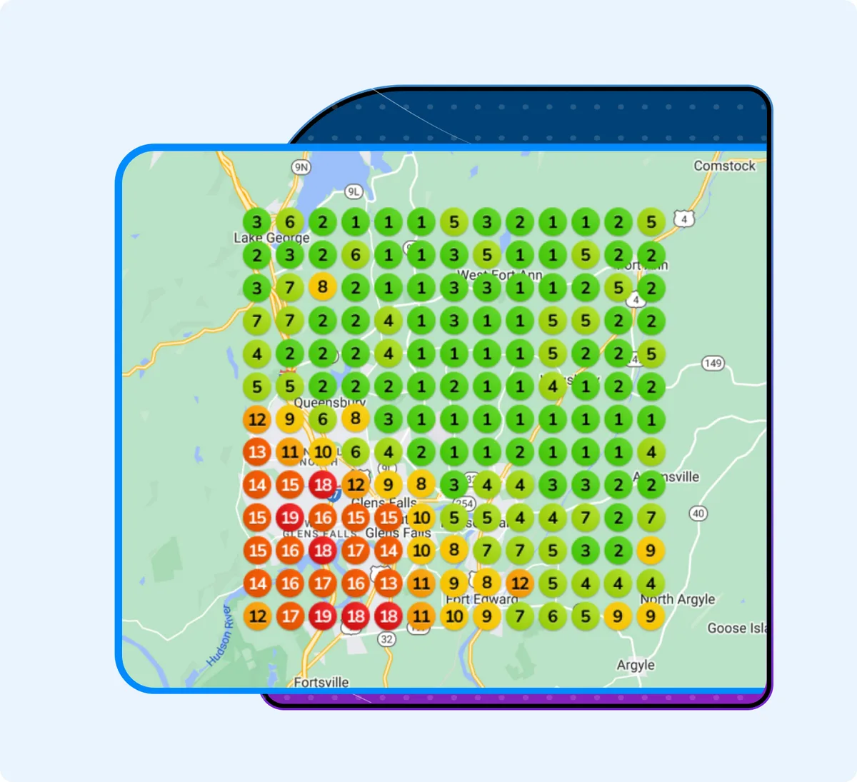 Illustrative local search visibility report showing a map of ranking positions