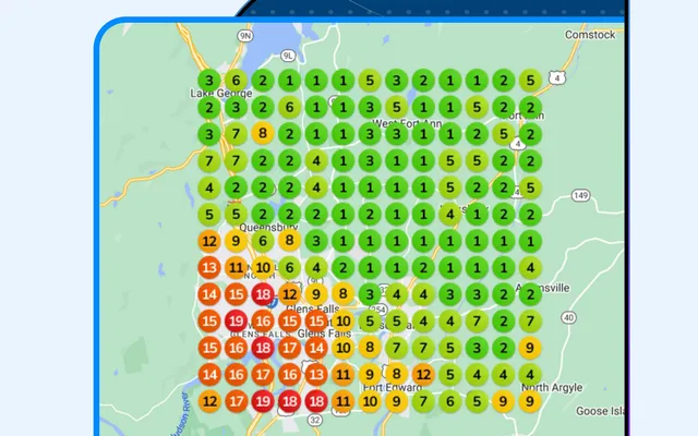 Green Google Maps ranking grid used to track contractor map pack visibility.