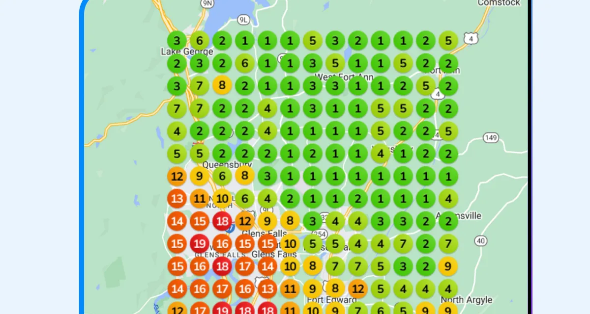 Green Google Maps ranking grid used to track contractor map pack visibility.