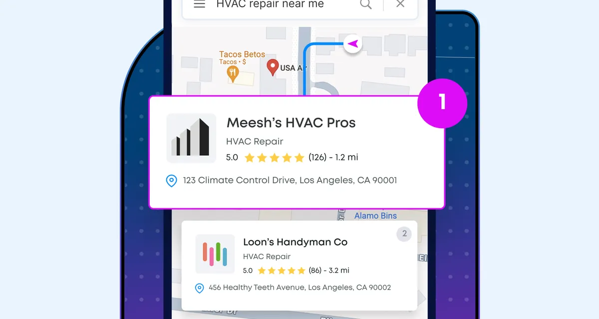 Local SEO product visual showing review, Google profile, and website activity.