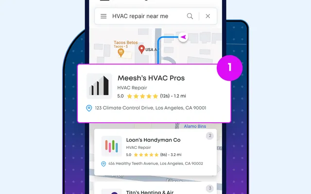 Local SEO product visual showing review, Google profile, and website activity.